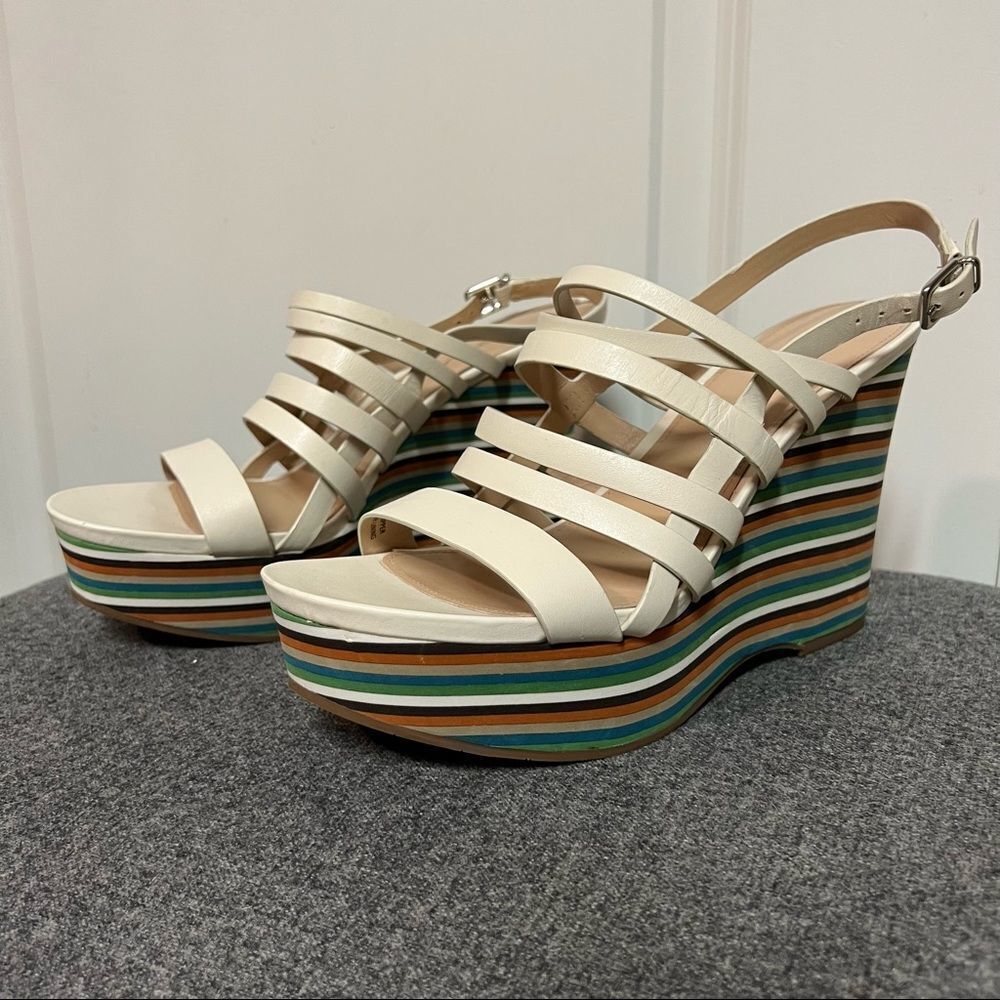 Vintage Via Spiga leather multicolored Stripe  Stacked Platform wedge sandal 9.5 - Picture 2 of 8